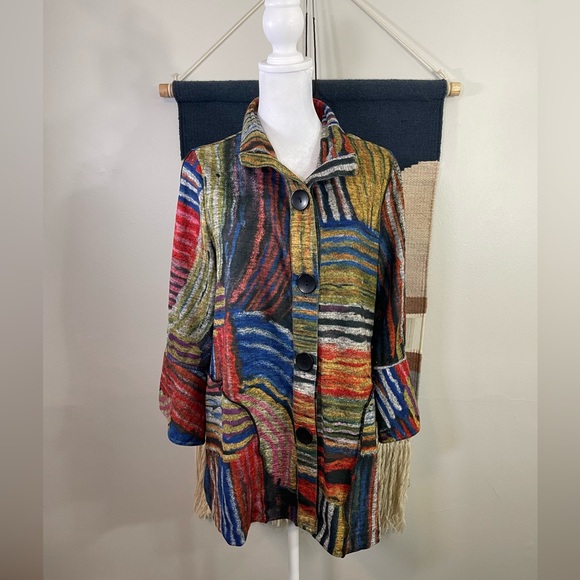 Ali Miles Black/Jewel Tones FUNKY ABSTRACT ART Knit Wire Collar Jacket S - Picture 3 of 11